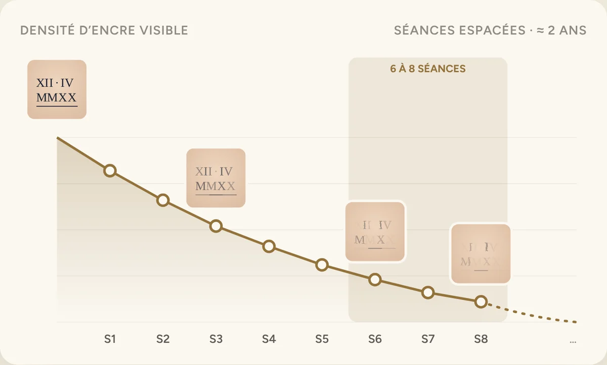 Courbe illustrant la diminution progressive de la densité d’encre au fil des séances